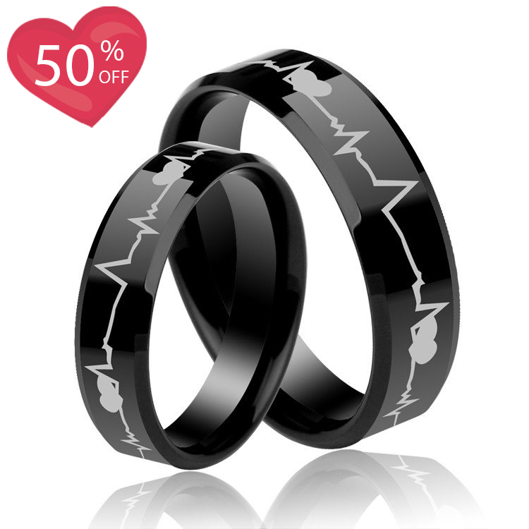 Personalized Black Tungsten Steel Cardiogram Couple Rings