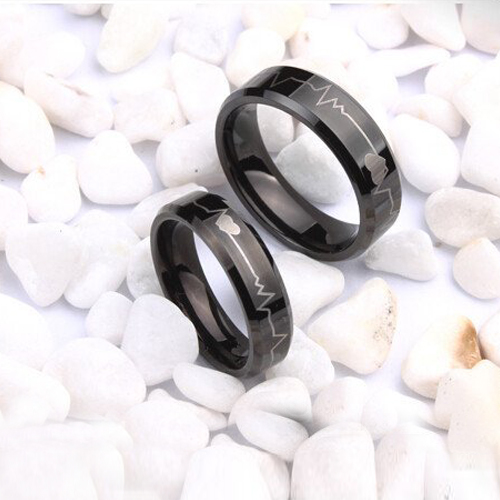 Personalized Black Tungsten Steel Cardiogram Couple Rings